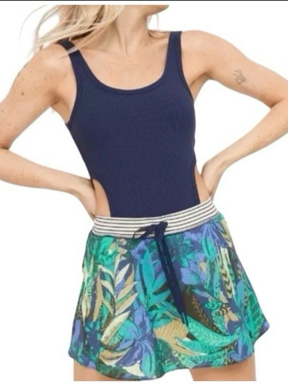 aerie Navy Ribbed Tank with Tropical Print Skirt